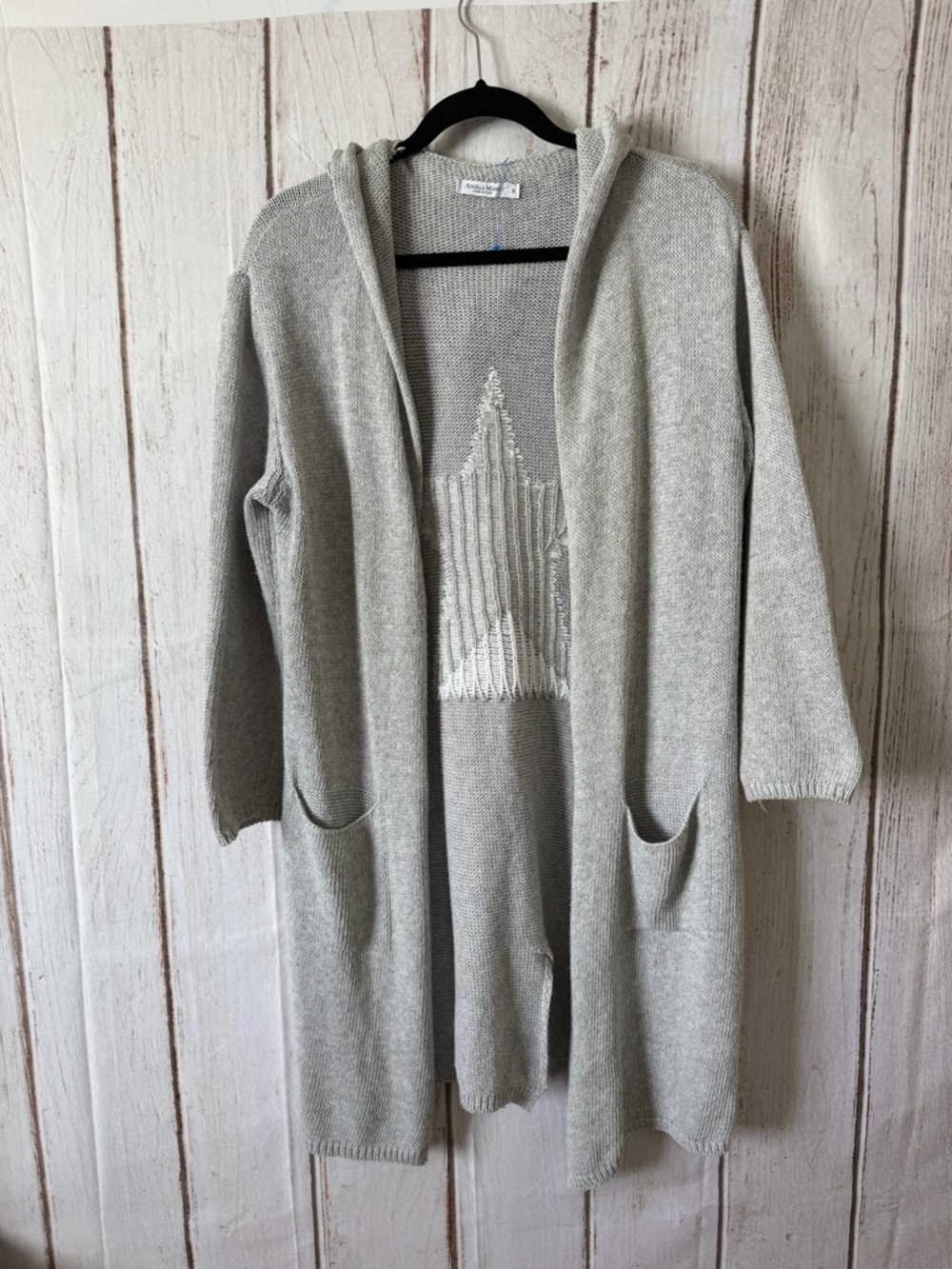 Angela Mara Grey Hooded Long Open Front Star Cardigan Size S